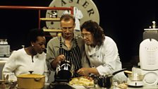 Guest judge Marianne Jean-Baptiste, contestant John Critchley and guest chef Eugene McCoy, on Masterchef in 1999