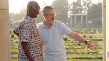 Griff Rhys Jones and veteran Joshua Ennin,at the Taukkyan War Cemetery in Yangon reading the names of comrades who died