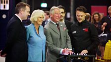 HRH Prince Charles is at the controls as special effects supervisor Danny Hargreaves (far right) looks on.