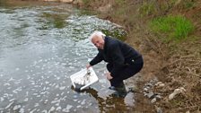 Andrew Kerr transferring eels above the navigation blockages at Tewkesbury and into the River Teme