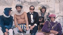 Michael Palin, Graham Chapman, John Cleese, Eric Idle and Terry Jones in costume for a sketch for Monty Python's Flying Circus