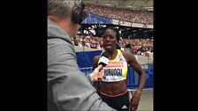 Christine Ohuruogu talks to Jonathan Overend after the 400m