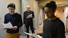 Iwan Rheon, Peter Marinker and Amaka Okafor in studio