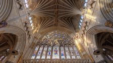 The high ribbed ceilings of Exeter Cathedral, carved from Beer stone