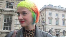 Mariana flew in from Oslo, Norway to “snap good-looking Londoners” and show off her neon hair