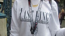 Fashion writer Mariam in a jumper from rapper Tyga’s label accessorised with her LFW pass