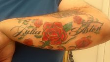 Jason has the names of his wife and son on his arm