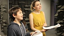 Christine Bottomley as Scarlet and Lorenzo Rodriguez as Young Freddie in studio