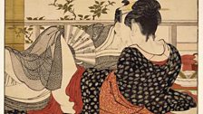 Lovers in the upstairs room of a teahouse, from Utamakura (Poem of the Pillow), c. 1788