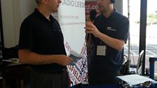 Wes with Bradford travel agent Tony Mann broadcasting live from Leeds Bradford International Airport