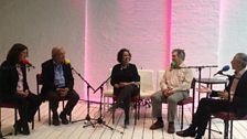 On stage at Theatre Royal Stratford East (L-R): Erica Whyman, Michael Billington, Samira Ahmed, David Kynaston, Murray Melvin