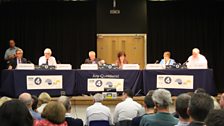 The Any Questions? panel on stage; John Redwood, Norman Lamb, Maria Eagle and Billy Hayes