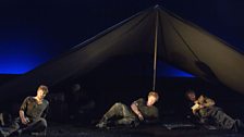 Glyndebourne Tour 2013. The Rape of Lucretia. Junius (Oliver Dunn), Tarquinius (Duncan Rock) and Collatinus (David Soar).