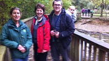 Helen with Salcey Forest ranger Jo Roberts and geocacher Ben.