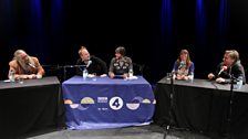 Robin Ince and Brian Cox (middle) with guests (left to right) Alan Moore, Claudia Hammond and Beau Lotto.