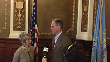 Presenter Sybil Ruscoe and producer Anna Jones with South Dakota state governor Dennis Daugaard