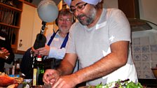 Hardeep preparing his starter of fresh crab salad.