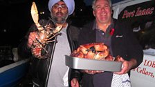 Hardeep, fisherman Jeremy Brown and a live lobster.