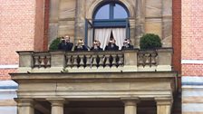 Brass players performing the traditional motivic fanfare which hail the end of each interval at the Bayreuth Festival Theatre