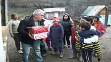 Handing out the shoeboxes