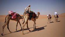 James Cracknell and Ben Fogle on camels in the Empty Quarter, Oman.