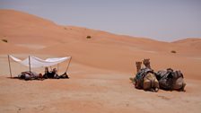 Ben Fogle and James Cracknell rest under a sun shade in the heat of the day.