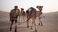 James Cracknell and Ben Fogle walking with their camels in the Empty Quarter, Oman.