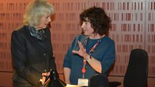 Jane Garvey explains the finer points of live speech radio to the Duchess of Cornwall