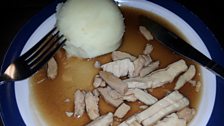 Chicken, mashed potato and watery gravy