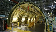 Inside of a 747-8 fuselage as it's being constructed in the Boeing factory, Seattle