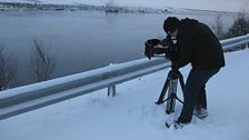 Filming in frozen Akureyri