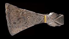 Silver-inlaid axehead in the Mammen style, AD 900s. Bjerringhøj, Mammen, Jutland, Denmark.  Iron, silver, brass. L 17.5 cm.