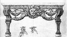 Design for a side table for Houghton Hall with two sketches of heads of foreign ecclesiastics by William Kent