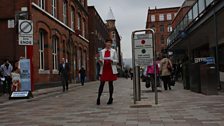 Marie-Louise practising her script in Belfast City Centre