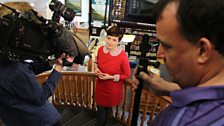 Camera crew with Marie-Louise at The Linen Hall Library stairs