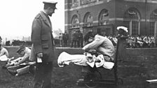 Injured soldiers in the grounds of the University of Birmingham. Known as the Southern General, over 130K were admitted