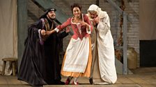 Rodion Pogossov as Guglielmo, Danielle de Niese as Despina, and Matthew Polenzani as Ferrando in Mozart's "Così fan tutte."