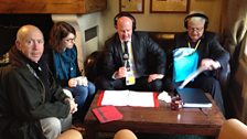 Julian in the hotel bar in Normandy with Claire Beauruel from Bayeux Tourism, local historian Francois Gauthron and Dave Adcock