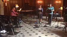 David Owen Norris, Amanda Pitt and Gareth Brynmor John rehearsing in The Great Hall at Dunham Massey