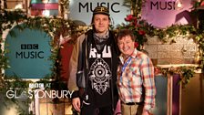 Win Buter of Arcade Fire with 6 Music's Stuart Maconie in the ý Music Tepee