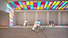 Daniel Buren, 10 mirrors framed with white opaque vinyl, transparent vinyl (7 colours) on skylights, 2014