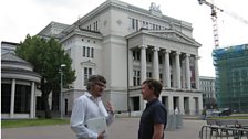 Tom Service with the ý's Balkans correspondent Damian McGuinness outside the Latvian National Opera