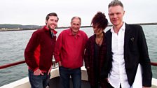 Gwilym Simcock, Julian May (producer), Kizzy Crawford and Tim Marlow aboard the boat Seren y Mor (Star of the Sea)