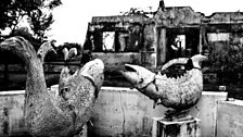 A singing fish fountain outside a ruined school in the fishing village of Navalady, Batticaloa.