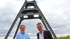 James MacMillan and Tim Marlow under the Cumnock miners' A-Frame