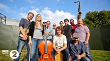 Main stage performers Bellowhead drop by our backstage area