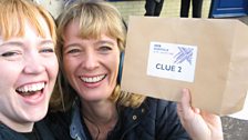 Sophie and Julie celebrate finding clue two in Watton!