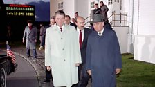 President Reagan says goodbye to General Secretary Gorbachev after the last meeting at Hofdi House