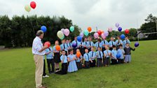 The P7 class take their balloons outside