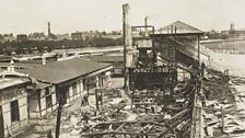 The grandstand at Hurst Park racecourse in Surrey, burned down by Kitty Marion and Betty Giveen, June 1913